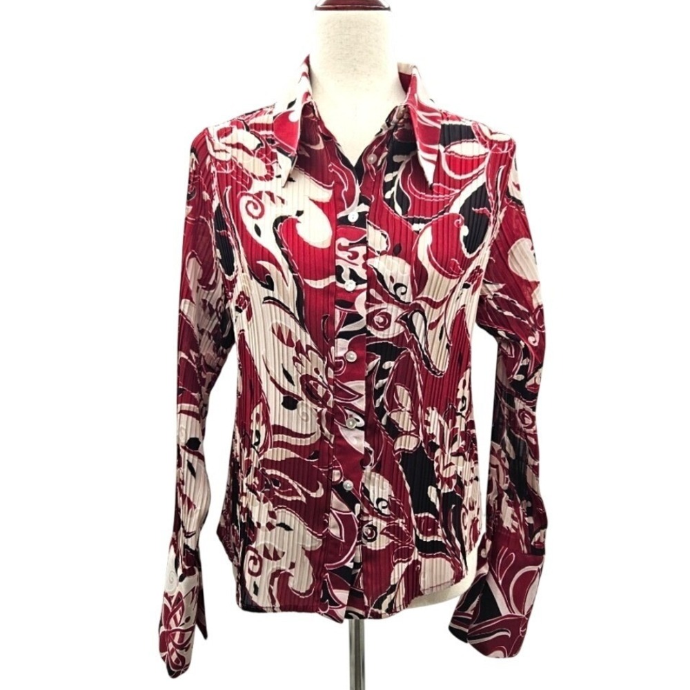 Jaipur Womens Red Abstract Floral Plisse Pleated Button Down‎ Blouse Size Large